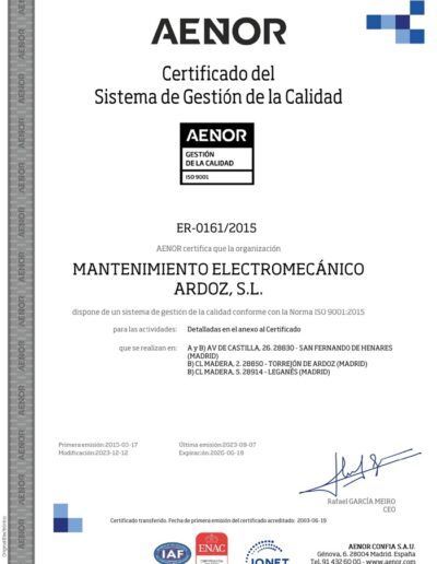 CERT. AENOR GESTION DE CALIDAD ISO 9001