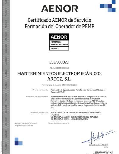 CERTIFICADO PEMP UNE 58923